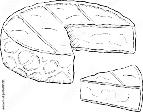 Collection of cheese, brie, camember, parmesan and blue cheese, European cheese assortment, slices, black ink engraving drawing, isolated, transparent. Wine bottle and glass, grape and fig