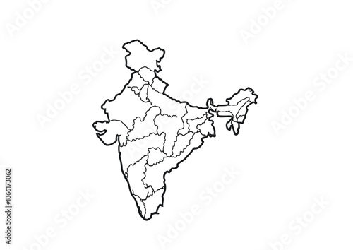 A black and white line drawing of a map of india with its various states and union territories