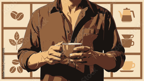 Man enjoying a cup of coffee in a cozy atmosphere with coffee themed decor