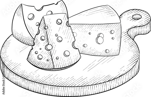 Collection of cheese, brie, camember, parmesan and blue cheese, European cheese assortment, slices, black ink engraving drawing, isolated, transparent. Wine bottle and glass, grape and fig