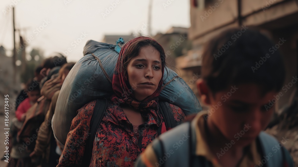 Fototapeta premium Menschen auf der Flucht durch kriegszerstörte Regionen, humanitäre Krise, Vertreibung und Hoffnung auf Sicherheit