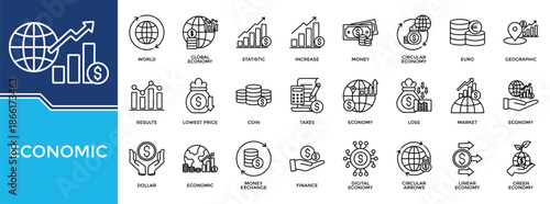Economic icon set collection. Containing increase, rise, arrows, efficiency, loss, profit, globe .Line vector icons collection