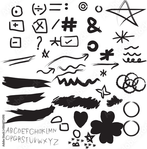 collection of various black ink strokes and symbols on white background