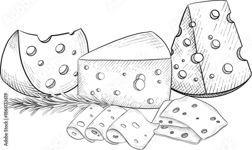 Collection of cheese, brie, camember, parmesan and blue cheese, European cheese assortment, slices, black ink engraving drawing, isolated, transparent. Wine bottle and glass, grape and fig