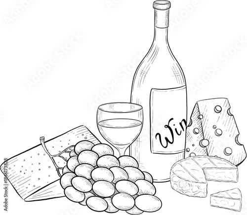 Collection of cheese, brie, camember, parmesan and blue cheese, European cheese assortment, slices, black ink engraving drawing, isolated, transparent. Wine bottle and glass, grape and fig