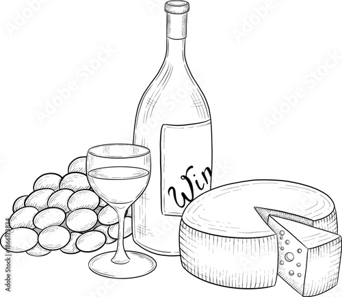 Collection of cheese, brie, camember, parmesan and blue cheese, European cheese assortment, slices, black ink engraving drawing, isolated, transparent. Wine bottle and glass, grape and fig