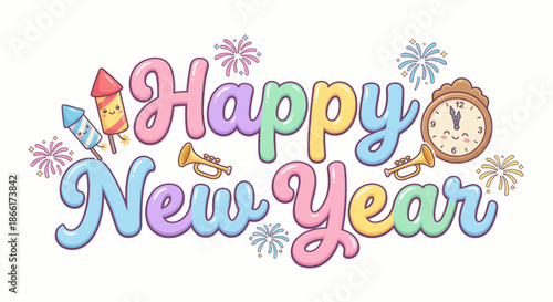 Happy New Year text with festive elements like fireworks, trumpets and a clock, perfect for holiday greetings and celebrations