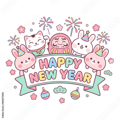 Adorable cartoon characters celebrating a vibrant New Year with traditional good luck charms and festive fireworks, embodying the spirit of hope and happiness