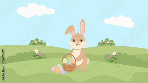 Cute Easter Bunny Holding Basket with Colorful Eggs – 2D Vector Illustration