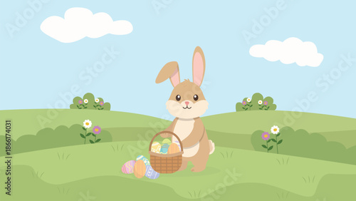 Cute Easter Bunny Holding Basket with Colorful Eggs – 2D Vector Illustration