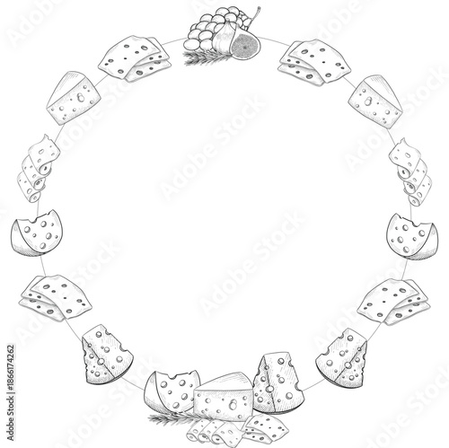 Collection of cheese, brie, camember, parmesan and blue cheese, European cheese assortment, slices, black ink engraving drawing, isolated, transparent. Wine bottle and glass, grape and fig