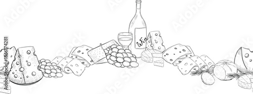 Collection of cheese, brie, camember, parmesan and blue cheese, European cheese assortment, slices, black ink engraving drawing, isolated, transparent. Wine bottle and glass, grape and fig