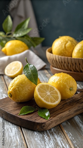 Whole and Halved Lemons on Rustic Cutting Board