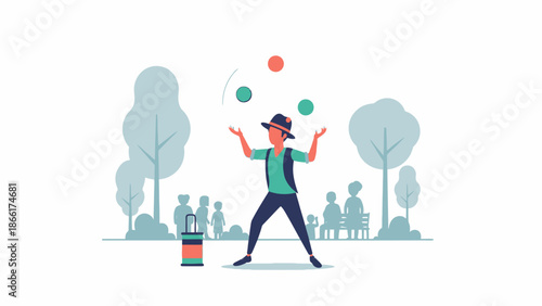 A vibrant flat design illustration capturing a skilled juggler entertaining a crowd at the World Buskers Festival, showcasing the lively atmosphere of street performance.