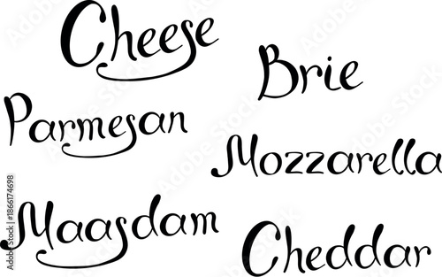 Collection of cheese, brie, camember, parmesan and blue cheese, European cheese assortment, slices, black ink engraving drawing, isolated, transparent. Wine bottle and glass, grape and fig