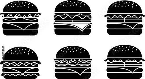 Burger icon silhouettes set, black hamburger vector collection for fast food menus, branding, packaging, restaurant design, advertising, marketing, 