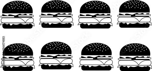 Burger silhouette vector icon set, classic cheeseburger fast food collection in black flat style for restaurant menus, food branding, packaging, delivery apps