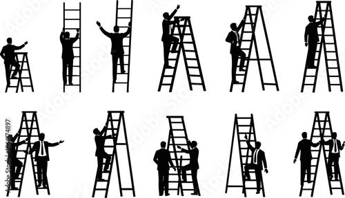 Business people climbing ladders silhouettes collection, teamwork success and career progress concepts, black vector illustration set for leadership, growth, motivation, strategy