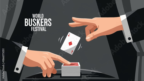 This flat design illustration focuses on the magic of a street performer, depicting a magician skillfully performing a card trick at the World Buskers Festival. 