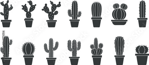 Cactus silhouette vector set with potted desert plants, various cactus shapes, minimal black botanical icons, isolated illustration for decor, branding, print design