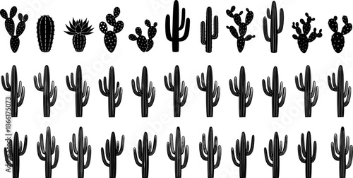 Cactus silhouettes collection, black vector illustration set featuring desert plants, succulents and saguaro shapes, southwestern nature design, botanical icons