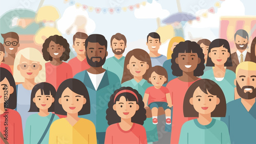 This flat design illustration captures the vibrant and inclusive atmosphere of the World Buskers Festival, showing a diverse crowd happily engaged in a street performance. 