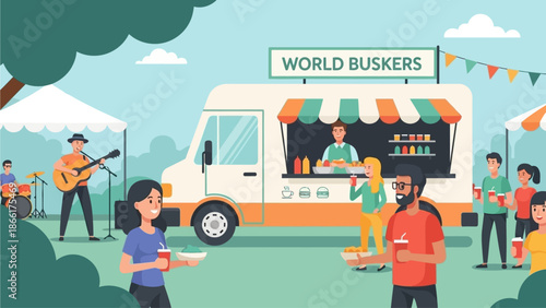 A charming flat design illustration depicting a bustling food truck scene with a busker in the background, capturing the relaxed and enjoyable atmosphere of the World Buskers Festival. 