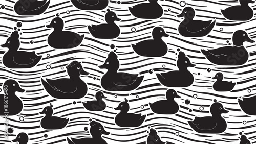 Group of cute cartoon ducks swimming in wavy water pattern
