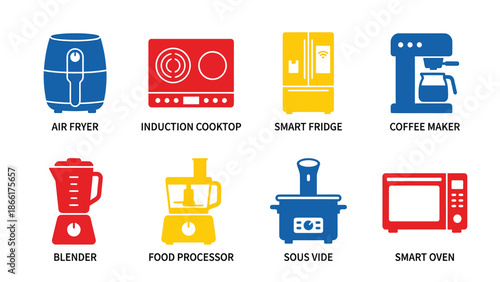 Colorful Icons of Modern Kitchen Appliances for Smart Cooking