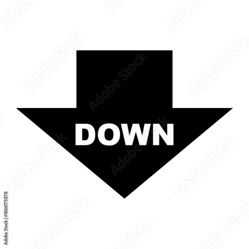 黒色の下向き矢印と「DOWN」文字のシンプルなアイコン