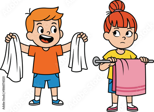 Cute kids helping with laundry illustration showing boy girl holding towels home chores teamwork cartoon vector children activity