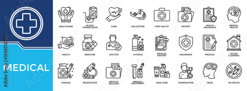 Medical icon set collection. Containing mental, trust, anatomy, charity, examination, contract, insurance .Line vector icons collection