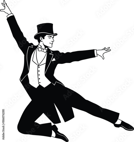 Elegant tap dancer silhouette performing classic jazz move, vintage showman in tuxedo hat black vector illustration isolated on white background