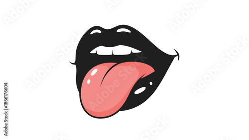 A vibrant pop art style illustration of an open mouth with black lipstick, sticking out a pink tongue in a playful, rebellious gesture.