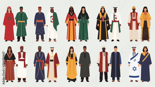 A diverse collection of men and women dressed in various traditional clothing from different countries across the Middle East and North Africa.