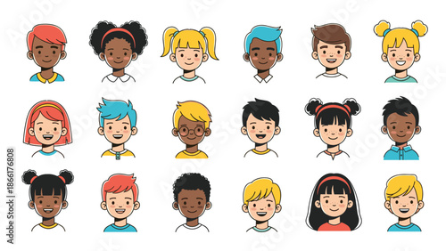 A large and inclusive set of cartoon avatars featuring smiling children from diverse ethnic backgrounds with various hairstyles and expressions.