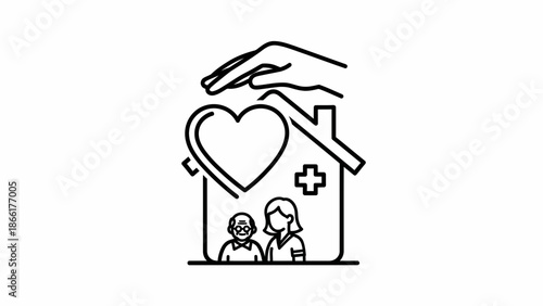Elderly Care Home Icon: Hand Protecting Senior Couple, Heart, and Medical Cross