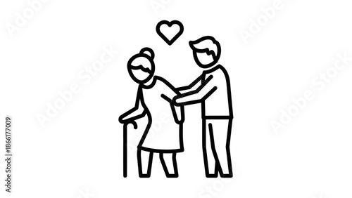 Elderly Care Icon: Young Person Helping Senior Woman with Cane, Love Heart Symbol