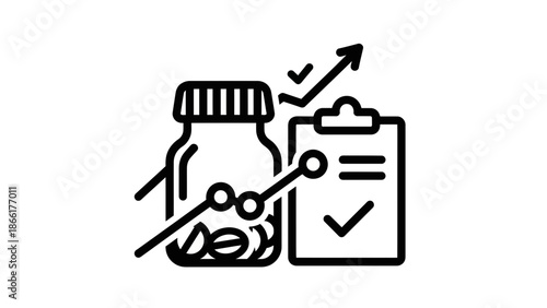 Financial Growth Icon: Jar of Coins, Upward Graph, Clipboard with Checkmarks
