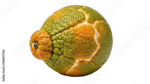 Textured green and orange citrus fruit with bumpy skin against black background image