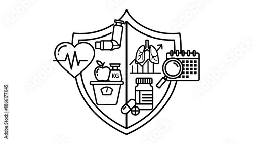 Health Protection Shield with Medical Icons: Heart, Lungs, Medicine, Scale, Calendar
