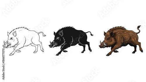 Set of three wild boars or hogs in different styles sketch outline, solid black silhouette and realistic brown color illustration, running pose