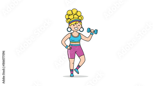 A retro cartoon illustration of a cheerful woman in vibrant 80s fitness attire, exercising with a dumbbell and smiling brightly.