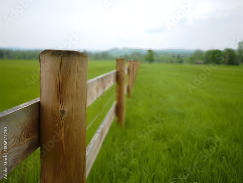 Wooden Fence Posts and Green Field Landscape - Rural Countryside Serenity