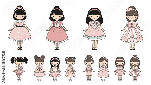 A sweet collection of adorable cartoon girls and dolls with various hairstyles, all dressed in different styles of pretty pink outfits.
