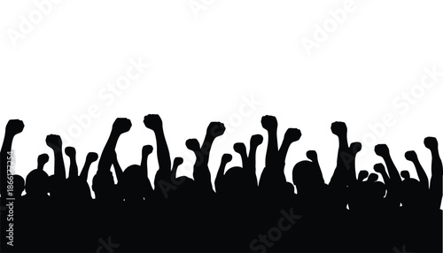 A crowd of people with their hands raised in the air as silhouettes against a white background conveying a sense of unity and collective expression