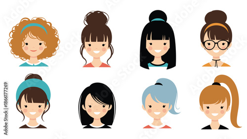 A diverse set of flat design avatars showing women and girls with a variety of modern and cute hairstyles, updos, and hair colors.