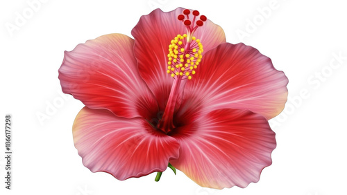 Close up of a vibrant red and pink hibiscus flower with yellow stamen against a black background tropical