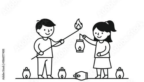 A boy and a girl lighting lanterns on a festive occasion with multiple lanterns around them