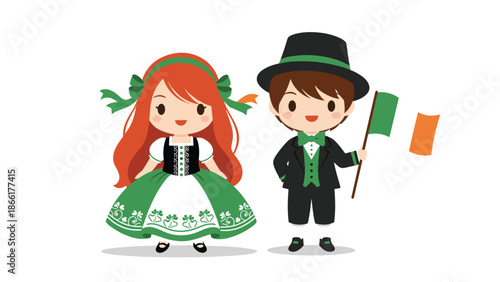 A charming cartoon illustration of a little boy and girl dressed in traditional Irish costumes for St. Patrick's Day, holding an Irish flag.